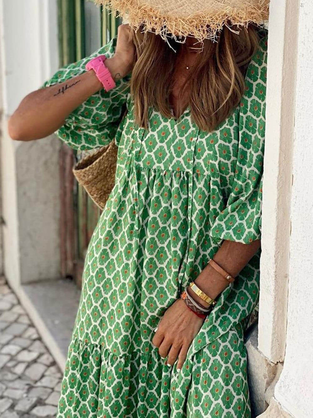 Abito Lungo Boho con Stampa Etnica