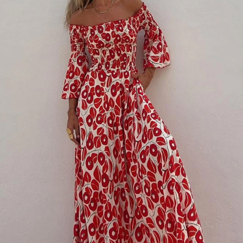 Abito Lungo con Spalle Scoperte e Stampa Floreale – Eleganza e Freschezza Estiva